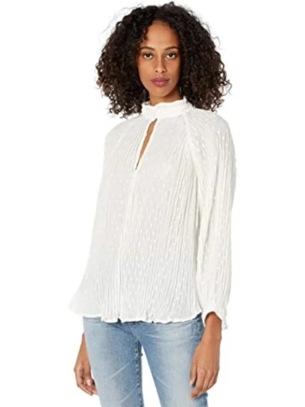 Anthropologie Bishop & Young  White Swiss Dot Pleated V-Neck Blouse size Medium